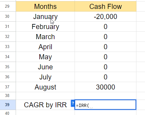 How to use IRR Function in Google Sheets