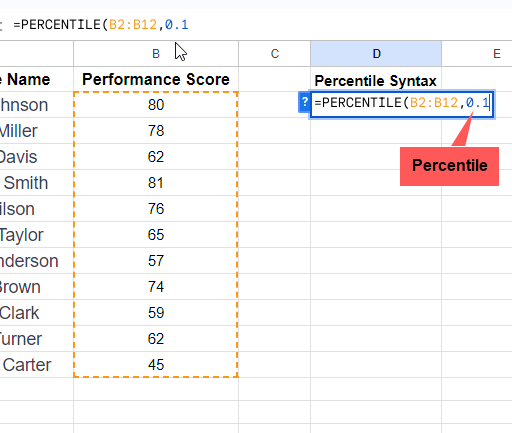 How to use PERCENTILE Function in Google Sheets