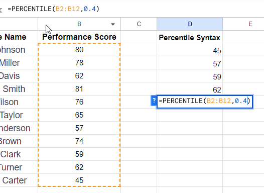 How to use PERCENTILE Function in Google Sheets